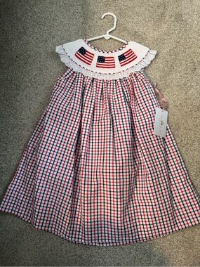 Smocked Patriotic Check Girls Dress - Red White Blue - New With Tags